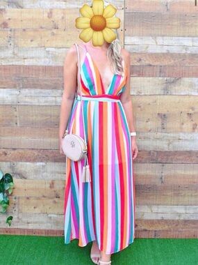 Multicolor Stripe Midi Dress - Pink, Orange, Blue, Green